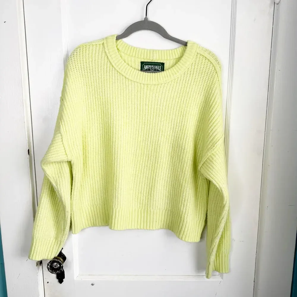 American Eagle AE Bright Yellow Green Crewneck Knit Sweater Wool Blend Medium M